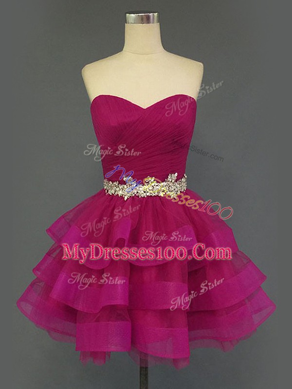 Delicate Fuchsia Lace Up Dress for Prom Beading and Ruffled Layers and Ruching Sleeveless Mini Length