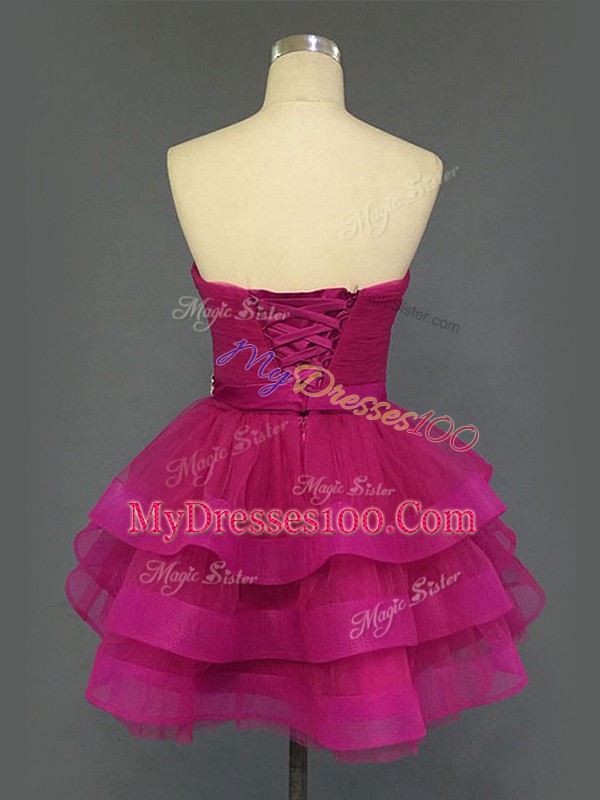 Delicate Fuchsia Lace Up Dress for Prom Beading and Ruffled Layers and Ruching Sleeveless Mini Length