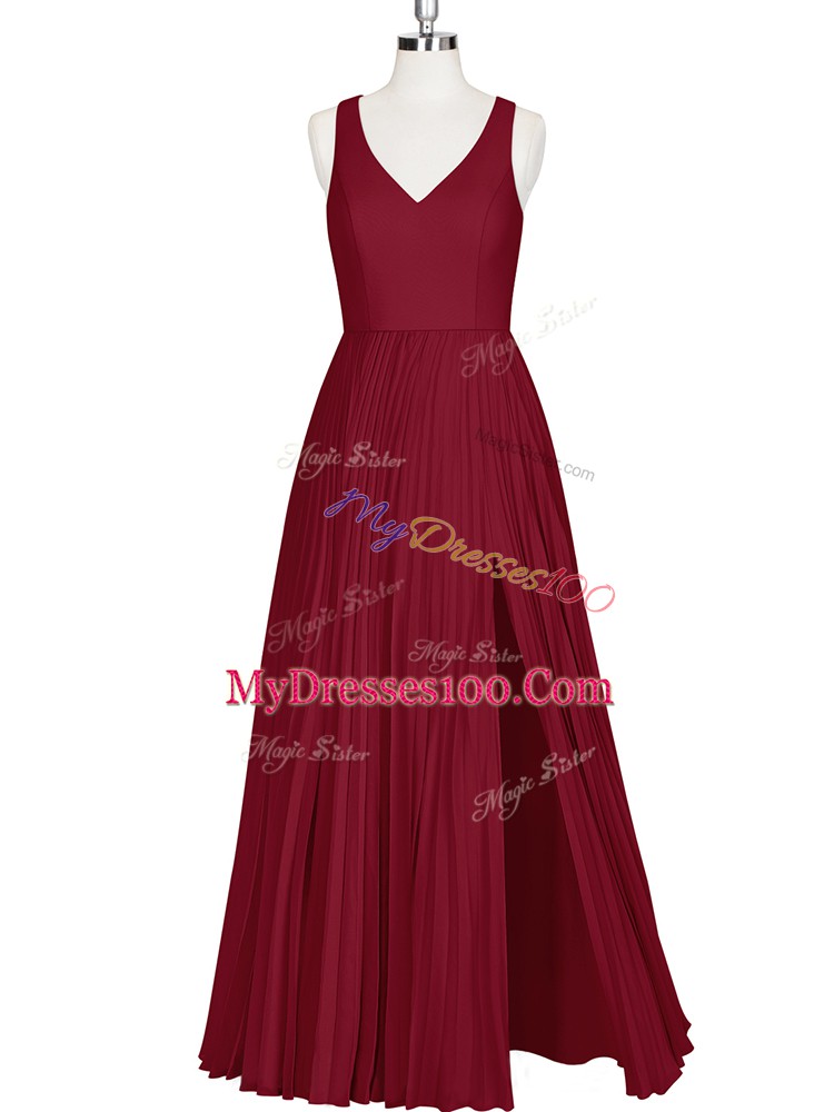 High End Floor Length A-line Sleeveless Wine Red Prom Party Dress Zipper