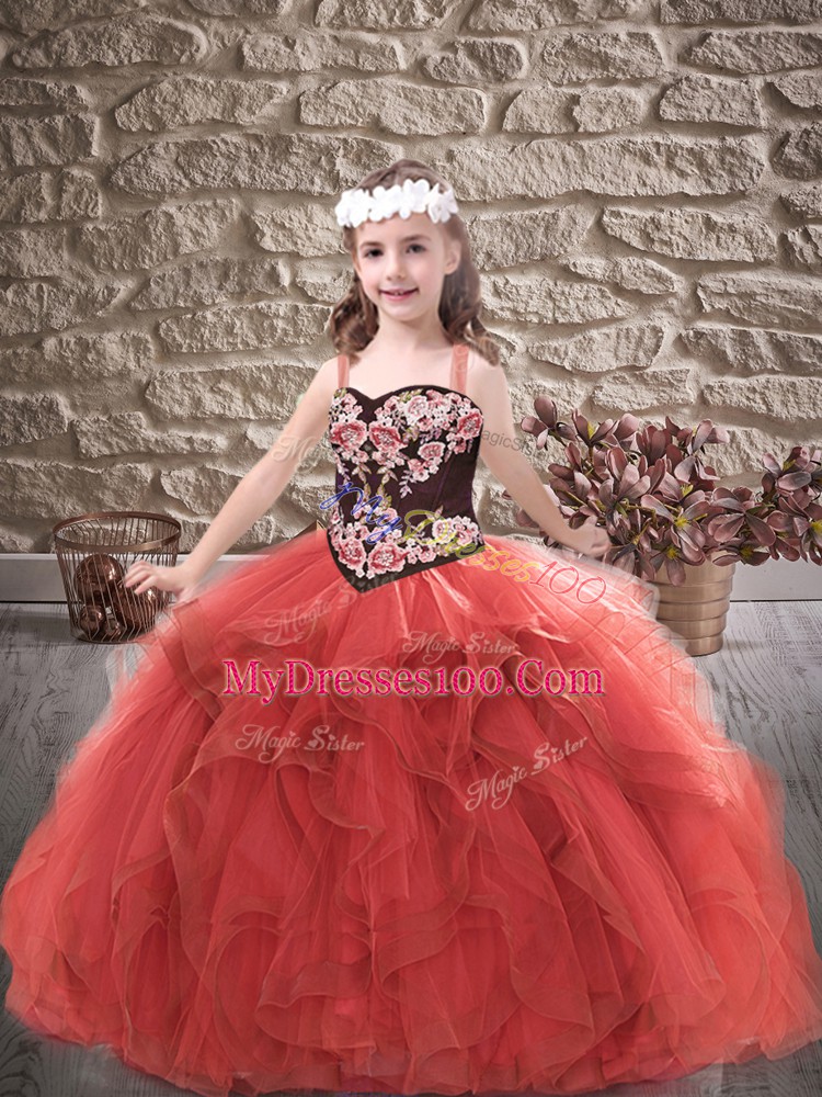 Red Sleeveless Embroidery and Ruffles Floor Length Evening Gowns