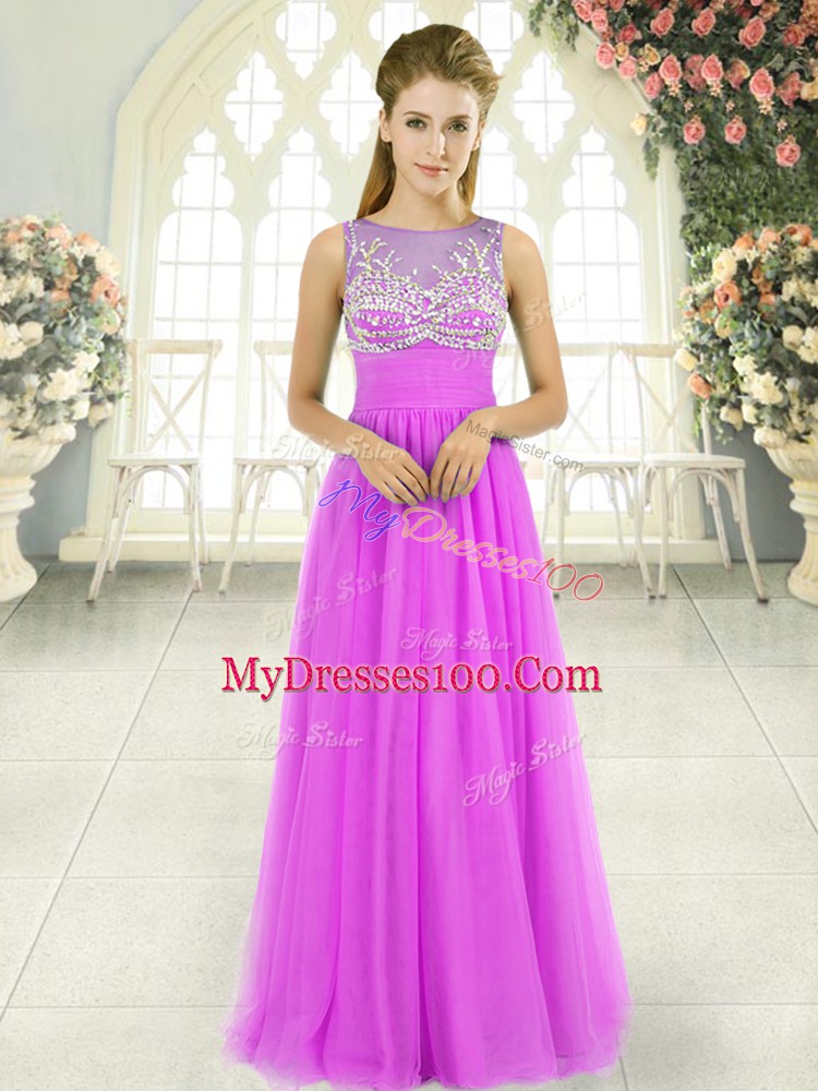 Floor Length Side Zipper Prom Evening Gown Lilac for Prom and Party and Military Ball with Beading