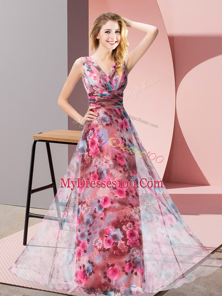 Classical Floor Length Multi-color Evening Gowns V-neck Sleeveless Zipper