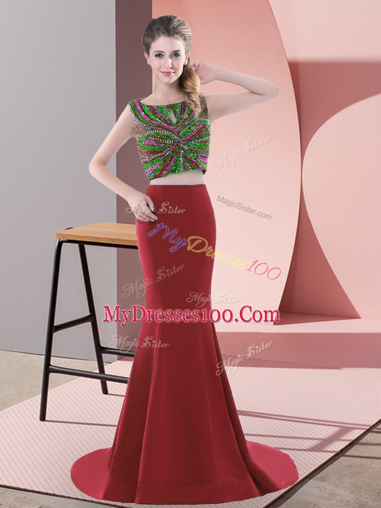 Red Prom Gown Prom and Party and Military Ball with Beading Scoop Sleeveless Sweep Train Backless