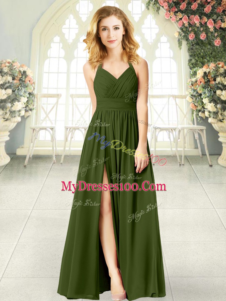 Chiffon Halter Top Sleeveless Zipper Ruching Prom Dresses in Olive Green