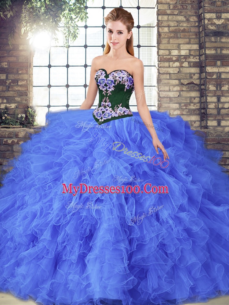 Custom Design Blue Sweetheart Lace Up Beading and Embroidery Sweet 16 Dresses Sleeveless