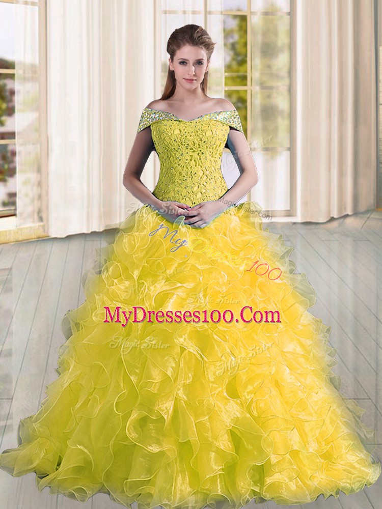 Sleeveless Sweep Train Beading and Lace and Ruffles Lace Up 15th Birthday Dress