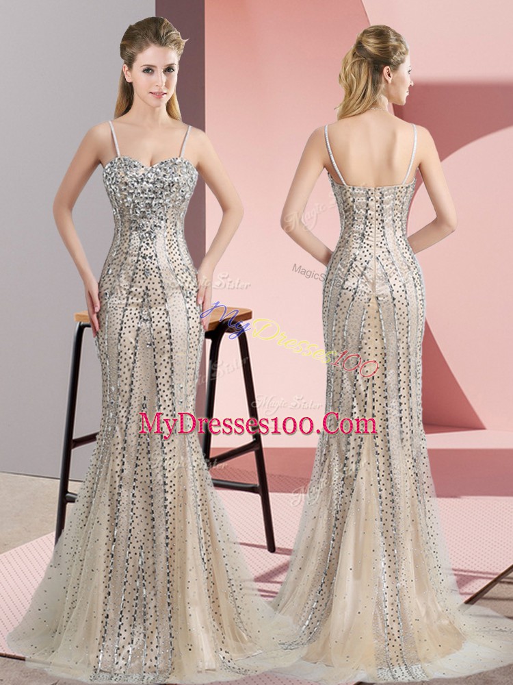 Champagne Sleeveless Tulle Sweep Train Zipper Prom Evening Gown for Prom and Party