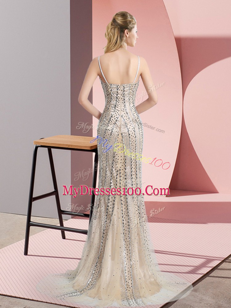 Champagne Sleeveless Tulle Sweep Train Zipper Prom Evening Gown for Prom and Party