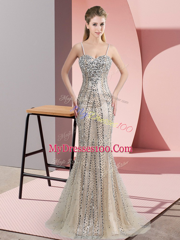 Champagne Sleeveless Tulle Sweep Train Zipper Prom Evening Gown for Prom and Party