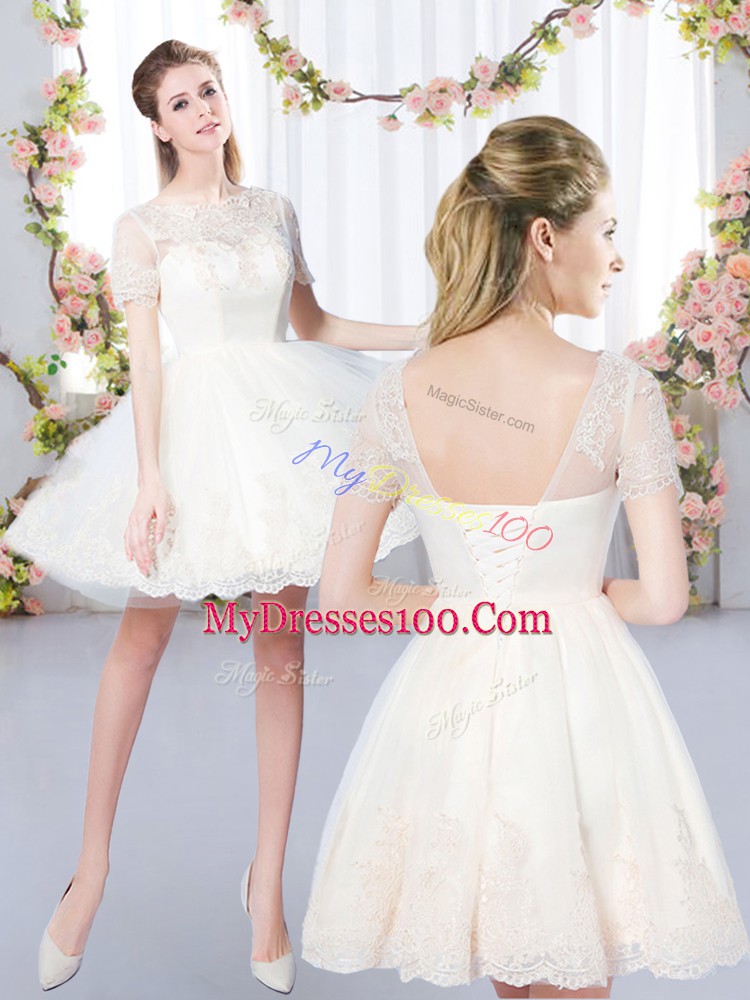 Discount Champagne A-line Scoop Short Sleeves Tulle Mini Length Lace Up Lace Damas Dress