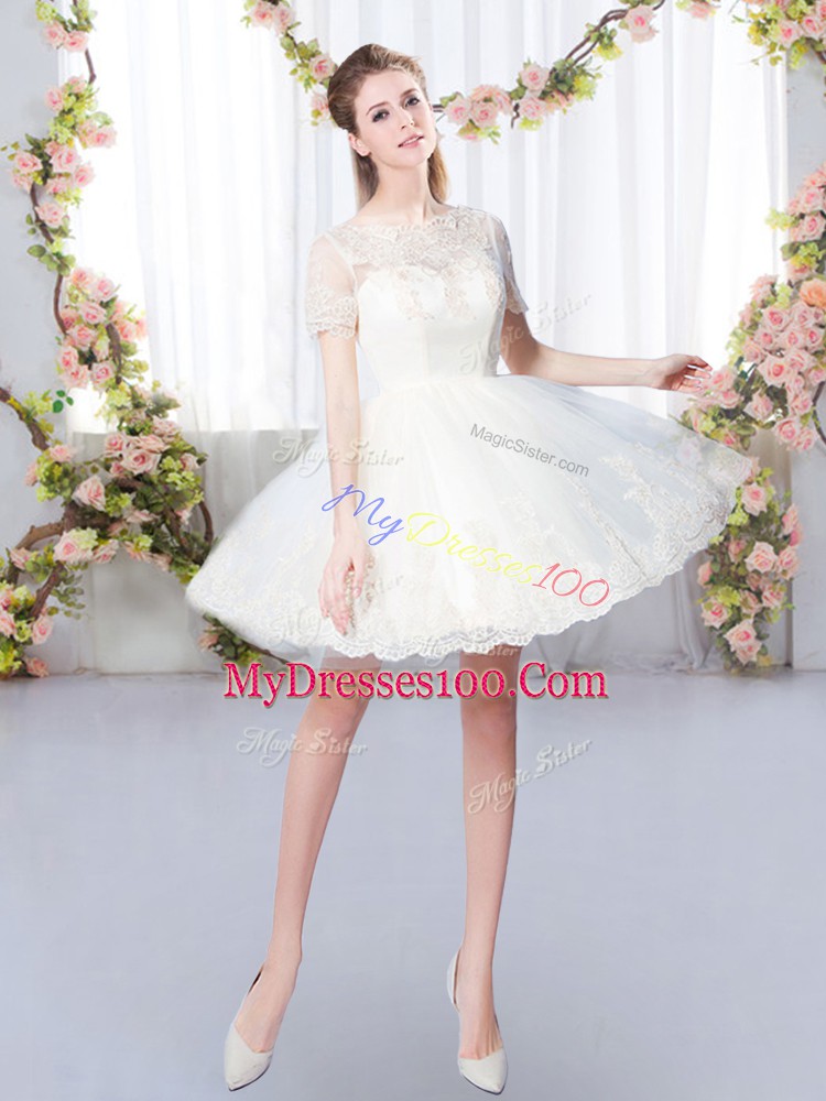 Discount Champagne A-line Scoop Short Sleeves Tulle Mini Length Lace Up Lace Damas Dress