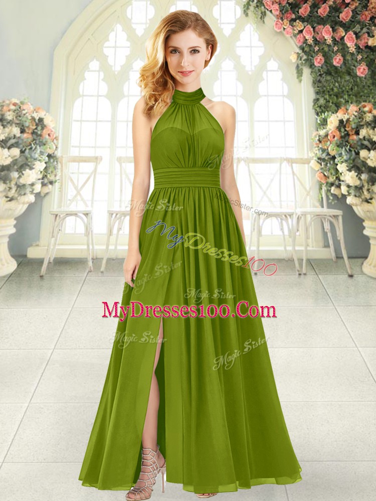 Inexpensive Olive Green Empire Ruching Dress for Prom Zipper Chiffon Sleeveless Ankle Length