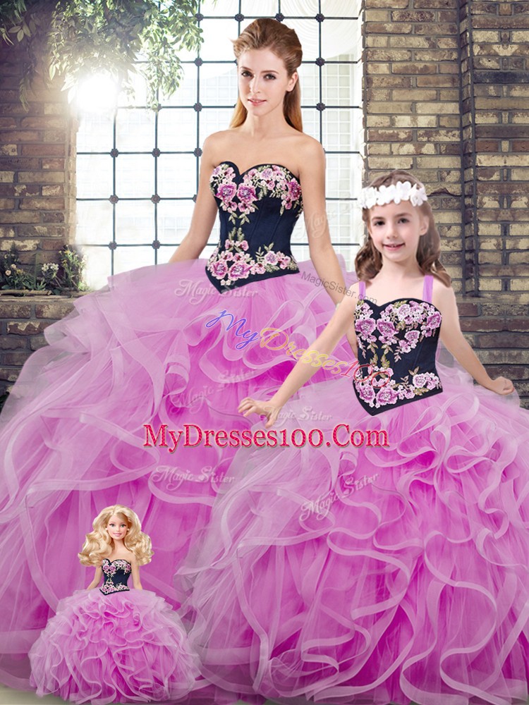 Lilac Ball Gowns Tulle Sweetheart Sleeveless Embroidery and Ruffles Lace Up Sweet 16 Dress Sweep Train