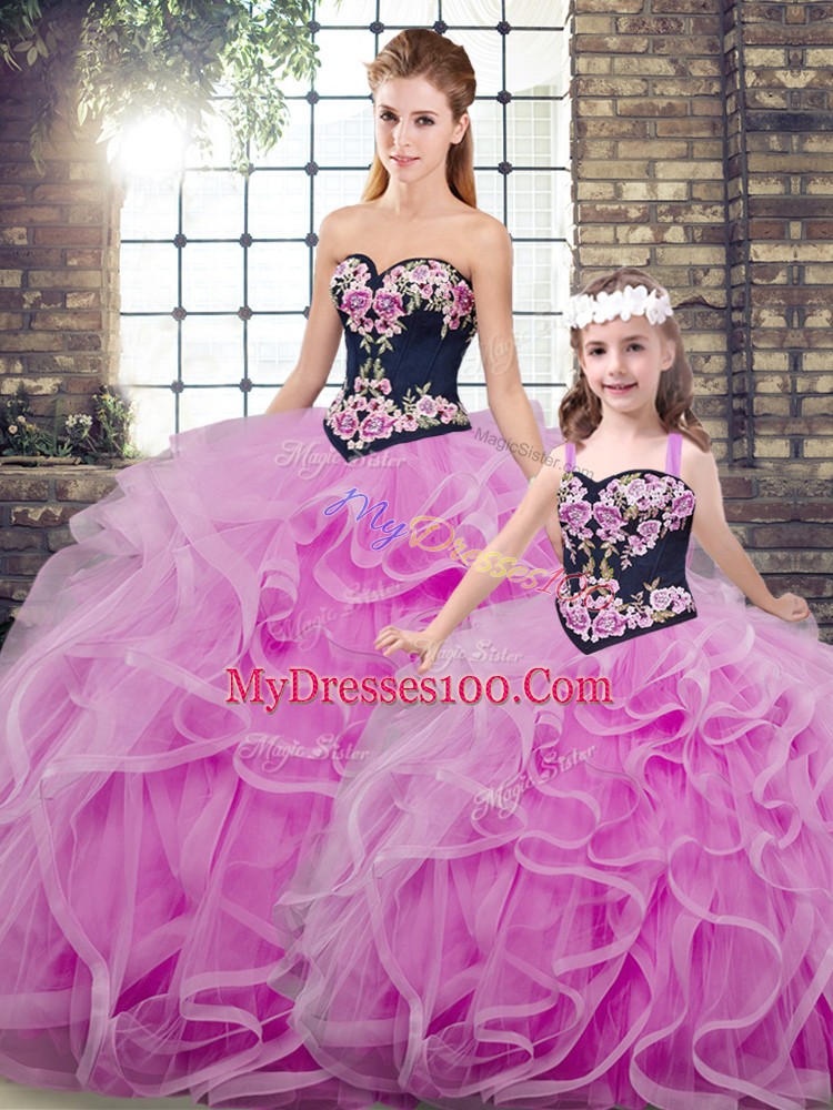 Lilac Ball Gowns Tulle Sweetheart Sleeveless Embroidery and Ruffles Lace Up Sweet 16 Dress Sweep Train