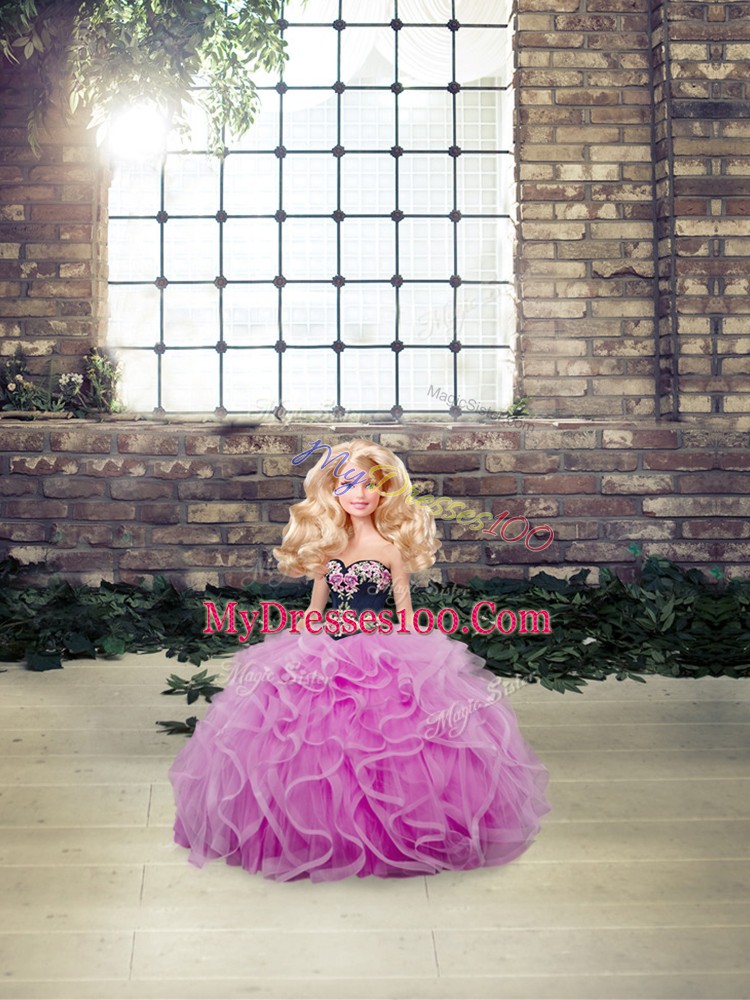 Lilac Ball Gowns Tulle Sweetheart Sleeveless Embroidery and Ruffles Lace Up Sweet 16 Dress Sweep Train