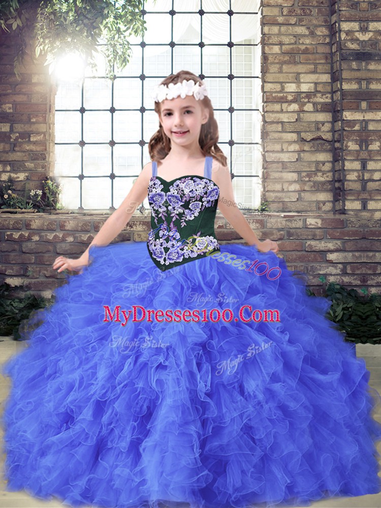 Classical Blue Lace Up Custom Made Pageant Dress Embroidery and Ruffles Sleeveless Floor Length