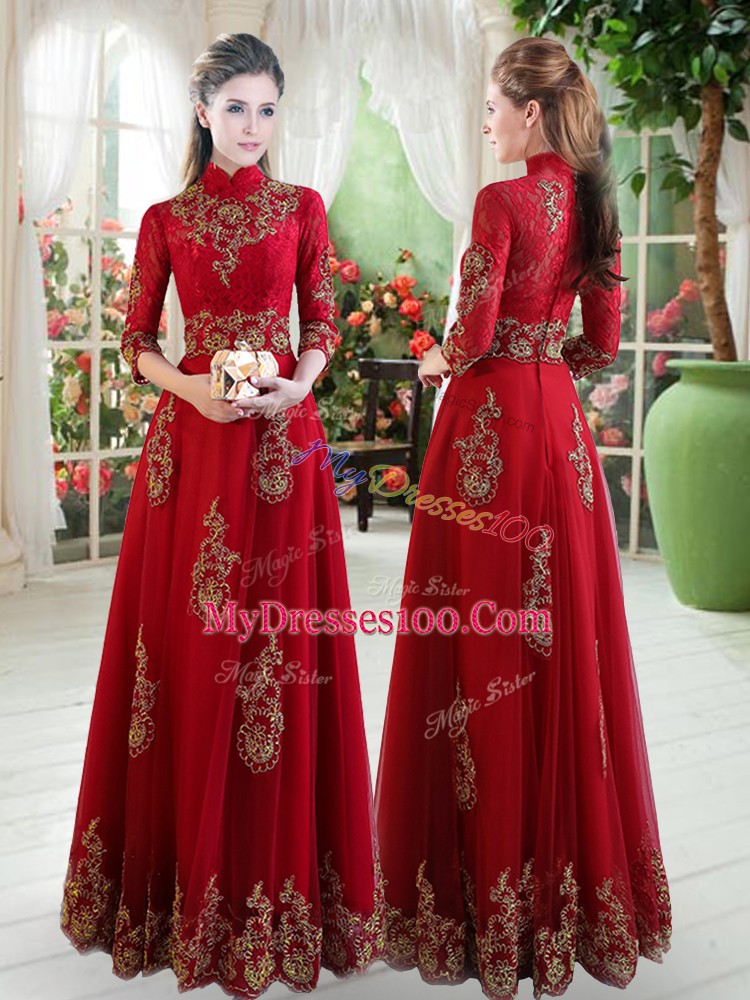 Noble Wine Red Zipper Prom Evening Gown Lace 3 4 Length Sleeve Floor Length