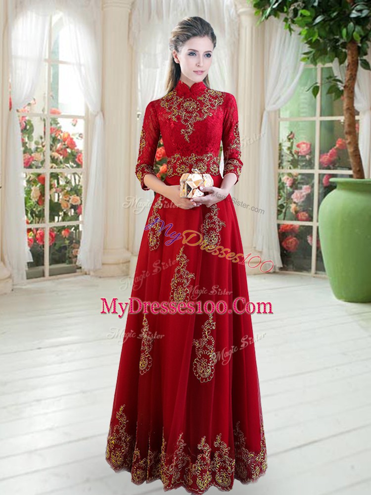 Noble Wine Red Zipper Prom Evening Gown Lace 3 4 Length Sleeve Floor Length