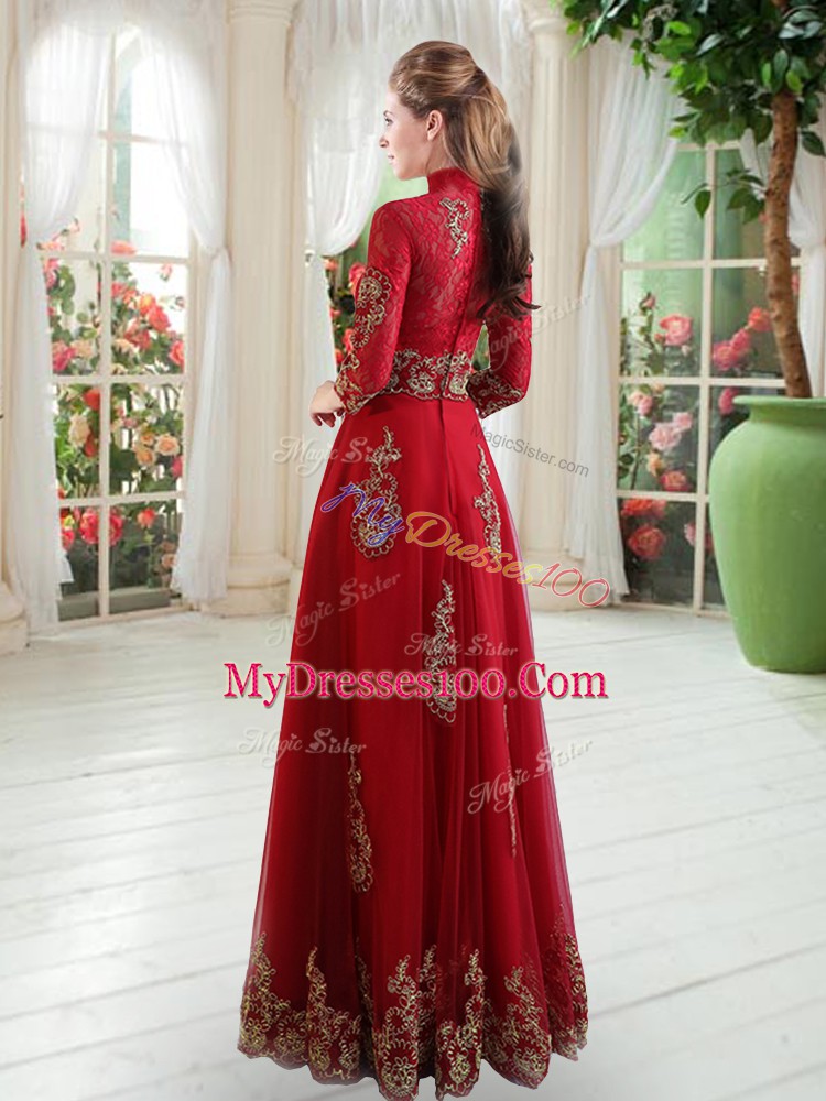 Noble Wine Red Zipper Prom Evening Gown Lace 3 4 Length Sleeve Floor Length