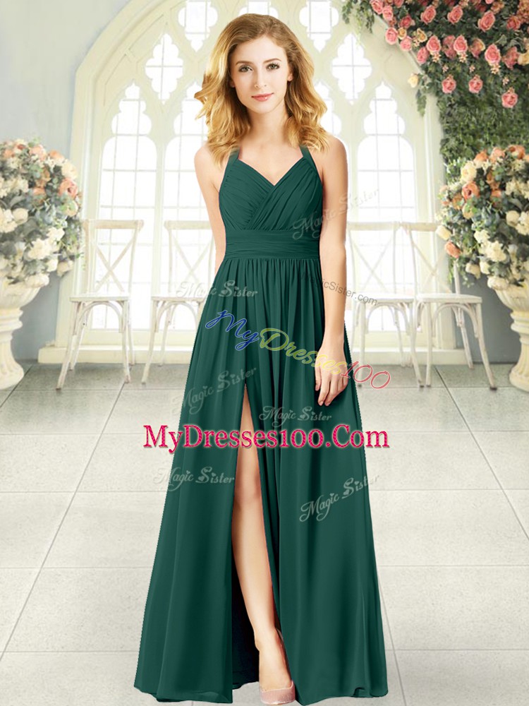 Floor Length Peacock Green Halter Top Sleeveless Zipper