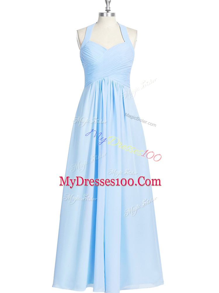 Beautiful Blue Chiffon Zipper Prom Dress Sleeveless Floor Length Ruching