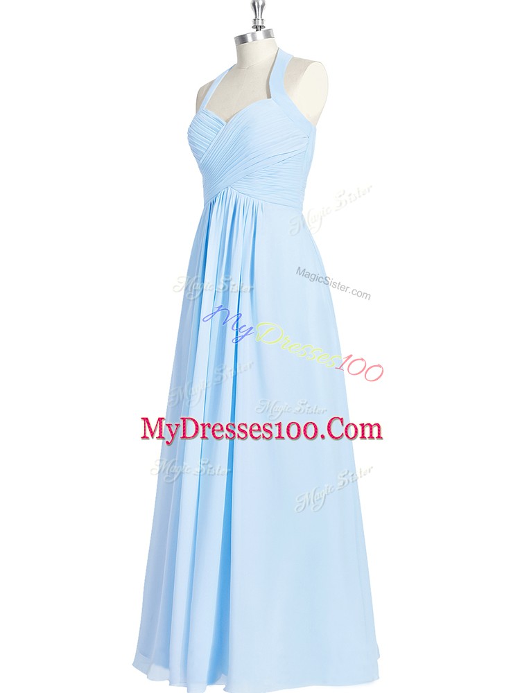 Beautiful Blue Chiffon Zipper Prom Dress Sleeveless Floor Length Ruching
