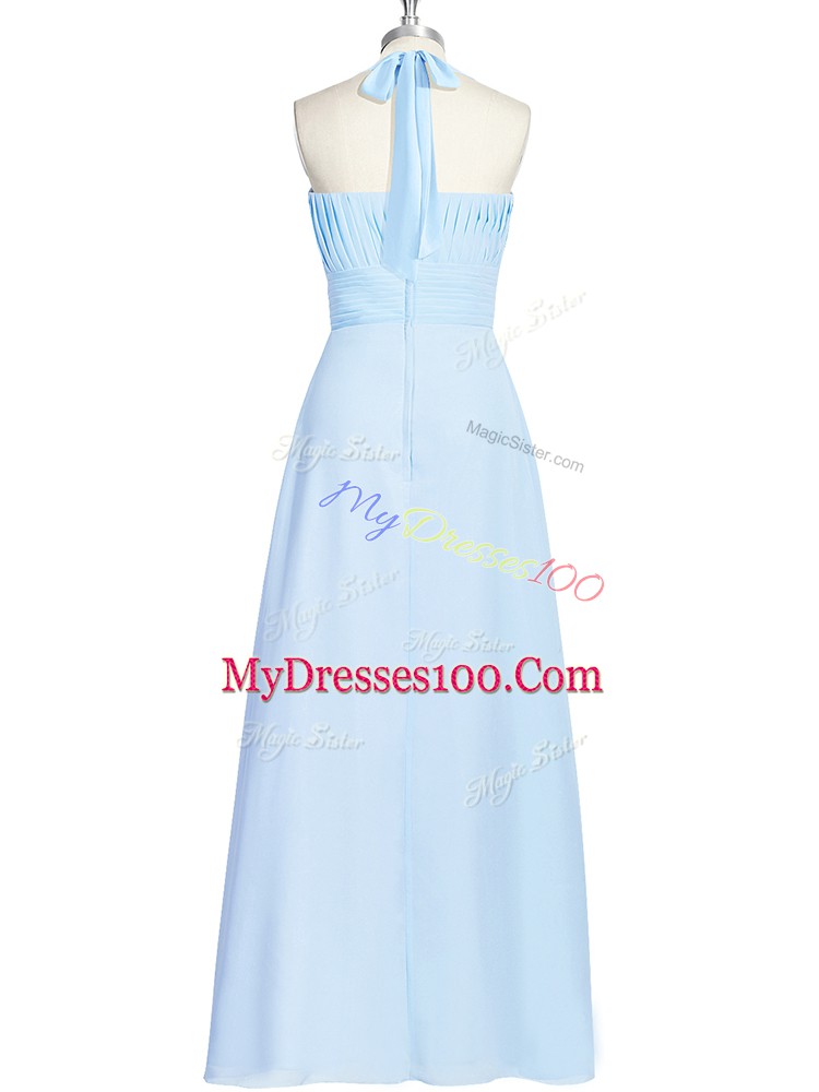 Beautiful Blue Chiffon Zipper Prom Dress Sleeveless Floor Length Ruching