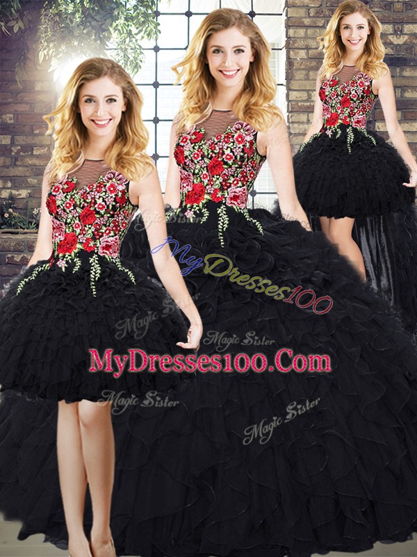 Black Ball Gowns Organza Scoop Sleeveless Embroidery and Ruffles Zipper 15th Birthday Dress