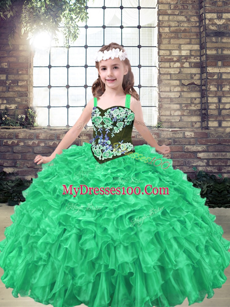 Inexpensive Green Lace Up High School Pageant Dress Embroidery and Ruffles Sleeveless Floor Length