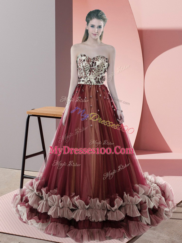 Trendy Red Lace Up Evening Gowns Beading Sleeveless Sweep Train