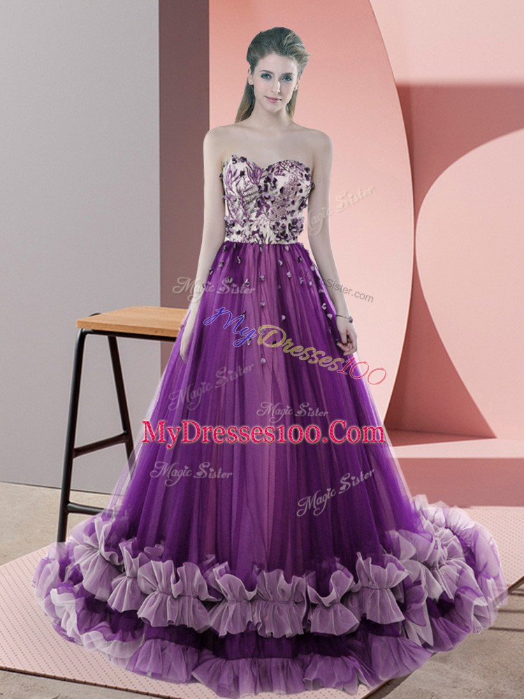 Best Selling Sweetheart Sleeveless Sweep Train Lace Up Homecoming Dress Purple Tulle