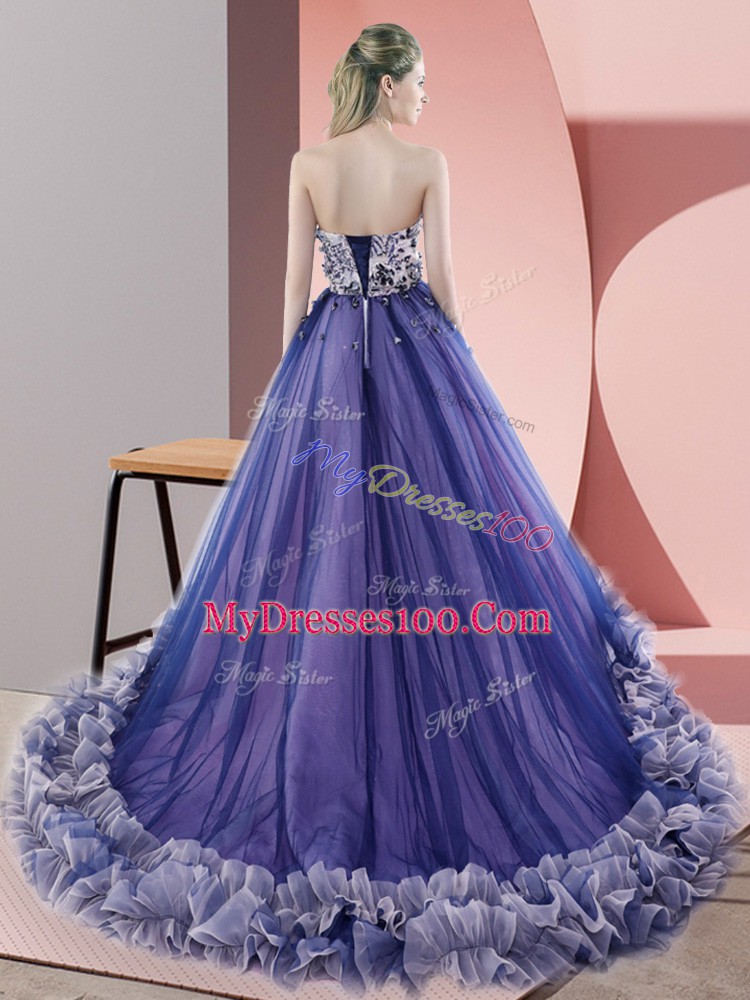 Best Selling Sweetheart Sleeveless Sweep Train Lace Up Homecoming Dress Purple Tulle