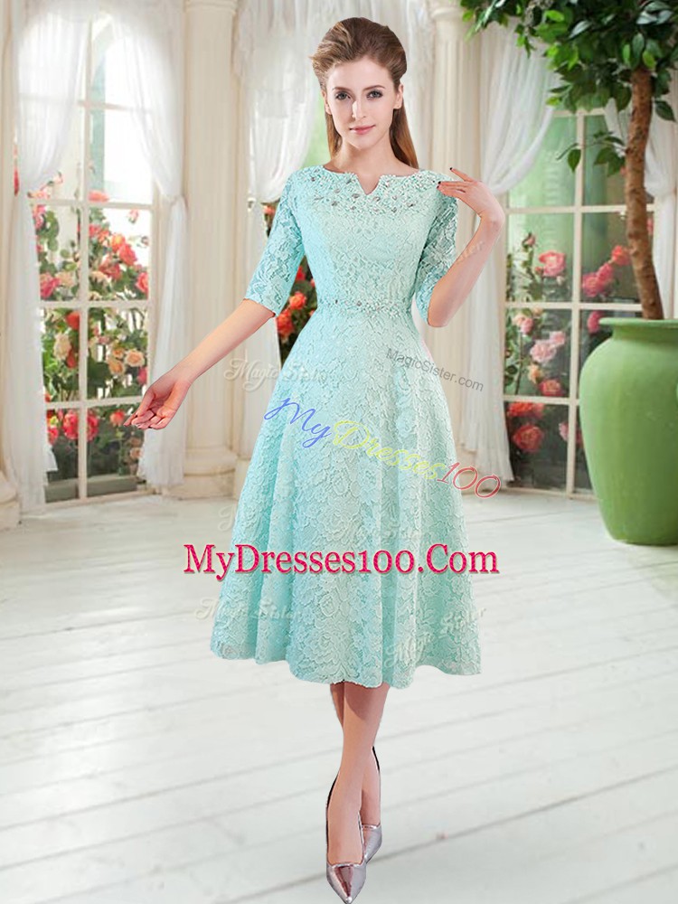 Half Sleeves Zipper Tea Length Beading Prom Dress
