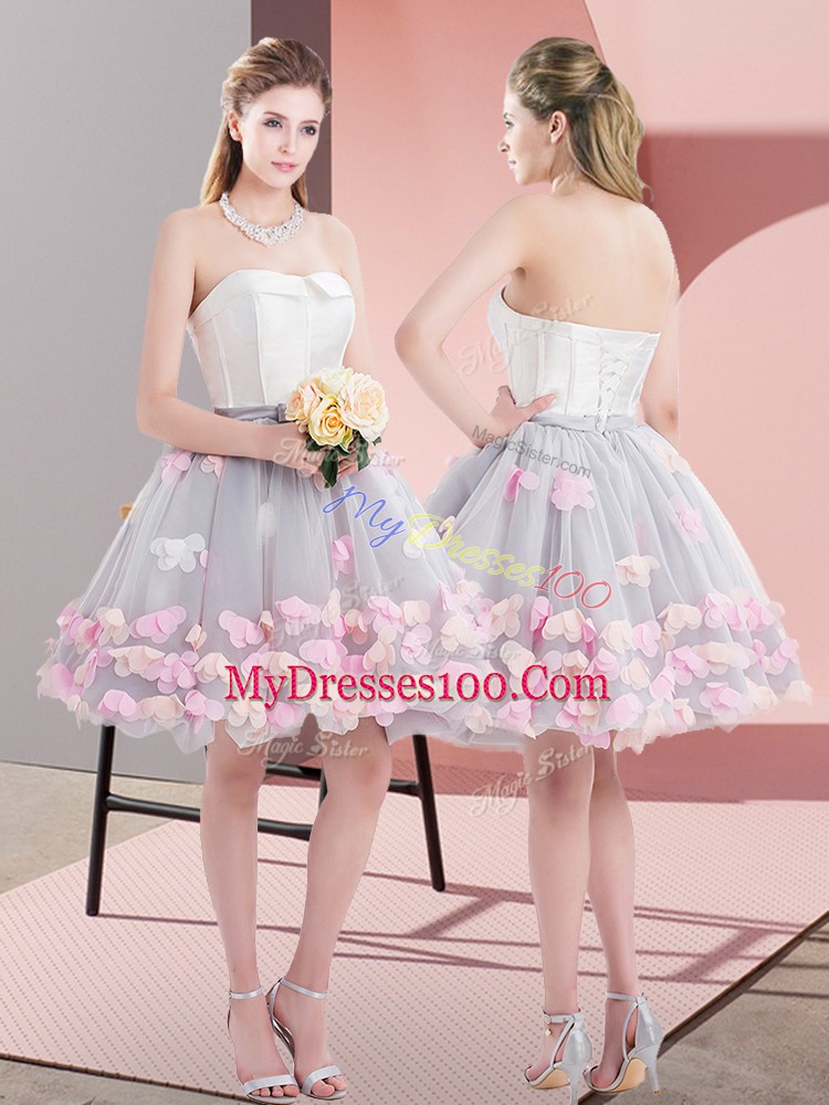 Charming Grey Tulle Lace Up Prom Dresses Sleeveless Mini Length Appliques