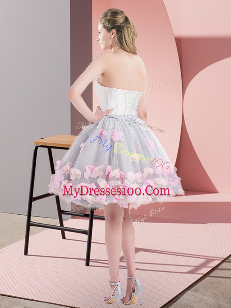 Charming Grey Tulle Lace Up Prom Dresses Sleeveless Mini Length Appliques