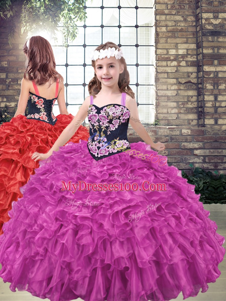 High Class Straps Sleeveless Lace Up Little Girls Pageant Gowns Fuchsia Organza