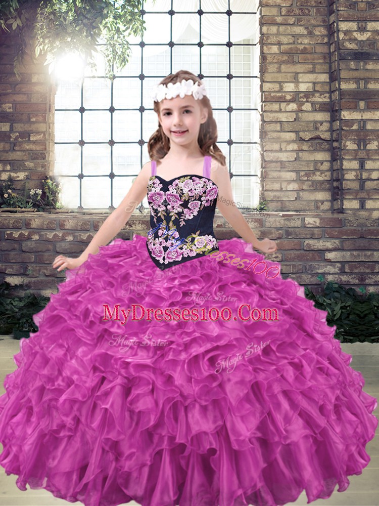 High Class Straps Sleeveless Lace Up Little Girls Pageant Gowns Fuchsia Organza