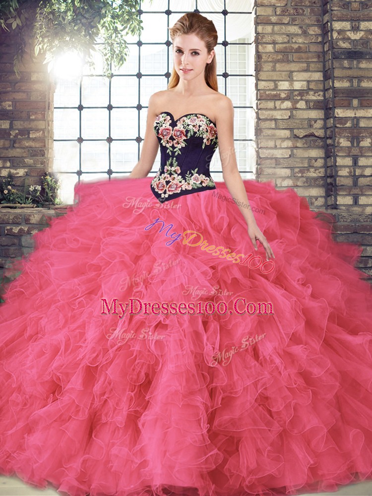 Luxury Hot Pink Lace Up Sweetheart Beading and Embroidery Sweet 16 Dresses Tulle Sleeveless