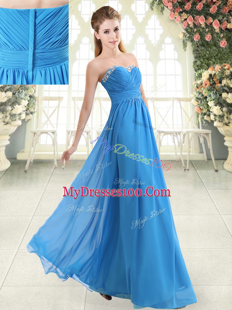 Blue Sleeveless Beading Floor Length Evening Dress