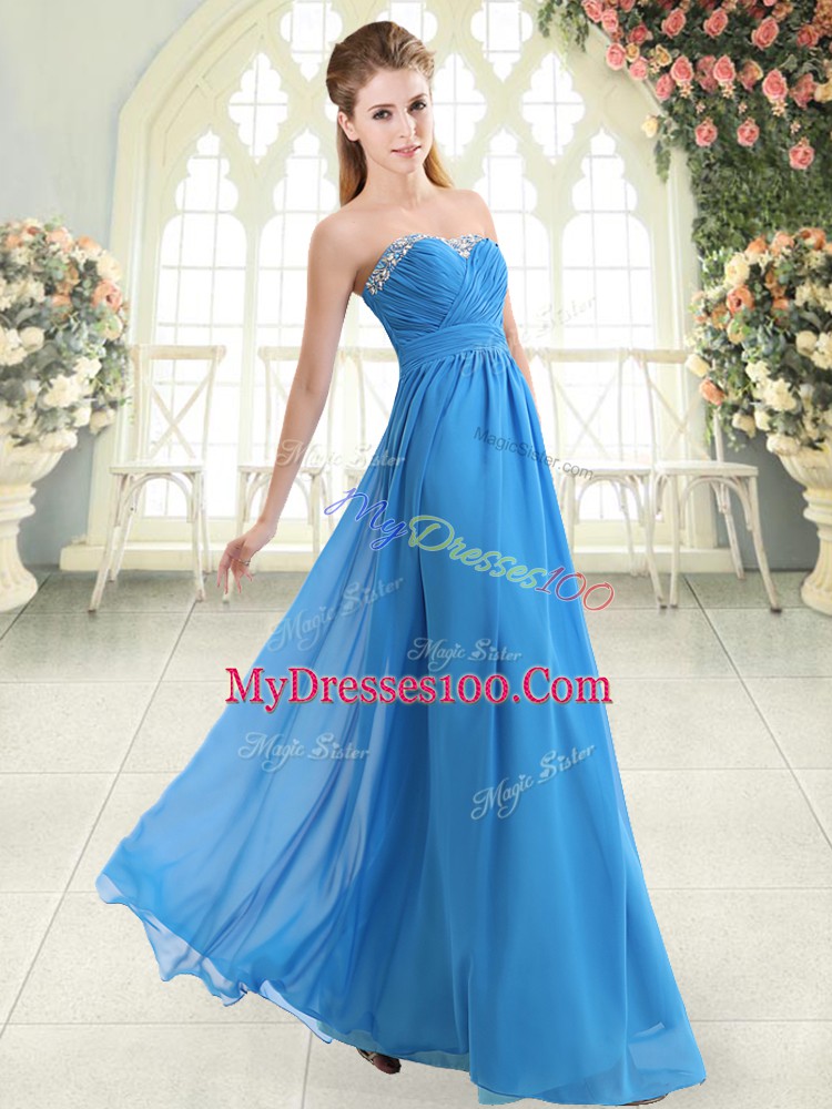 Blue Sleeveless Beading Floor Length Evening Dress