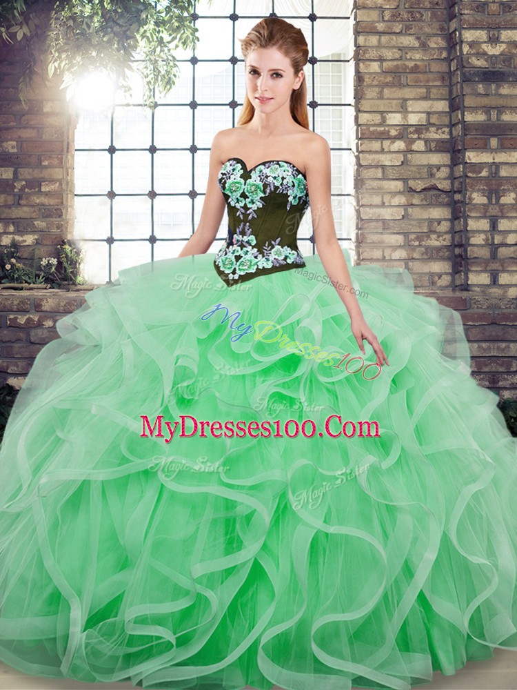 Nice Apple Green Lace Up Sweetheart Embroidery and Ruffles Quinceanera Dresses Tulle Sleeveless Sweep Train