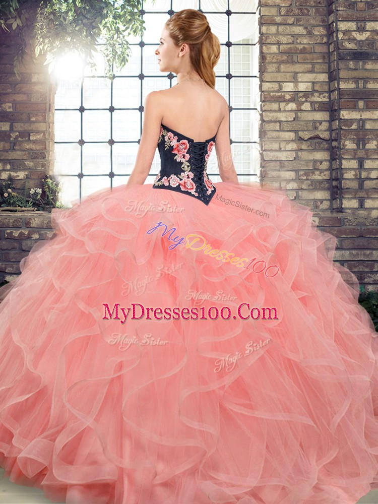 Nice Apple Green Lace Up Sweetheart Embroidery and Ruffles Quinceanera Dresses Tulle Sleeveless Sweep Train
