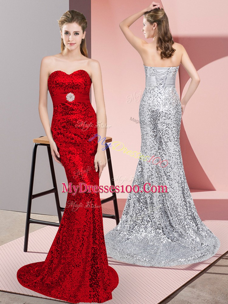 Extravagant Sequined Sleeveless Prom Dress Sweep Train and Belt