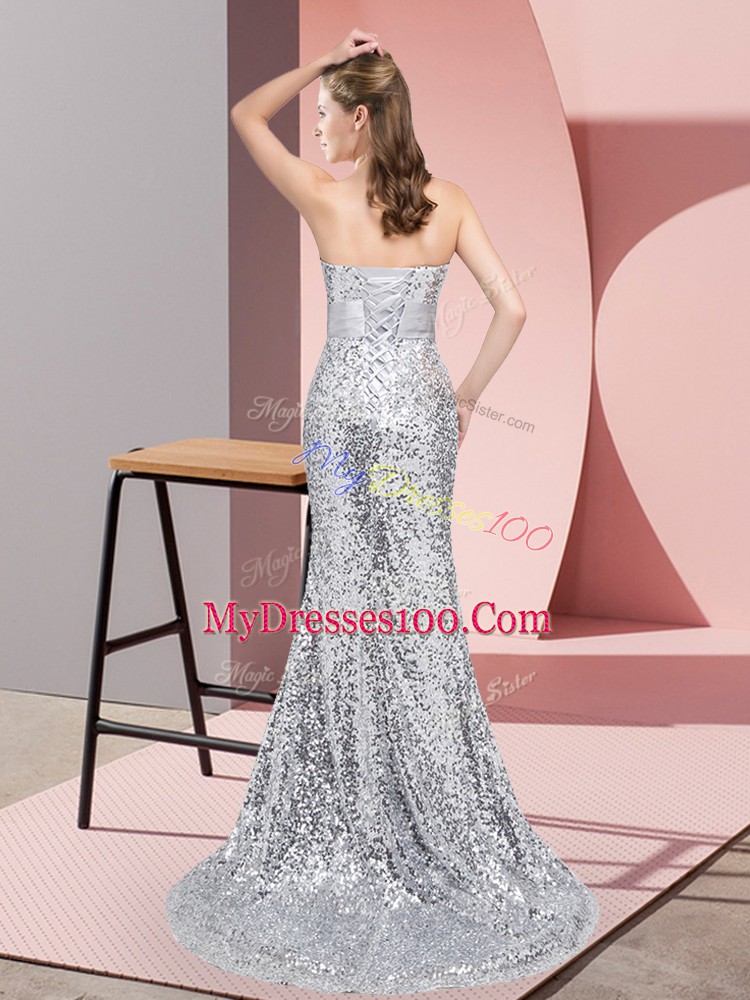 Extravagant Sequined Sleeveless Prom Dress Sweep Train and Belt