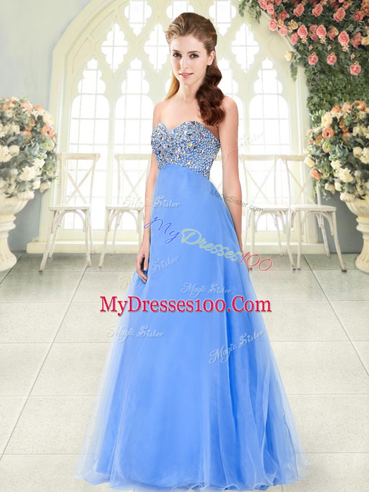 Latest Tulle Sweetheart Sleeveless Lace Up Beading Prom Dresses in Blue