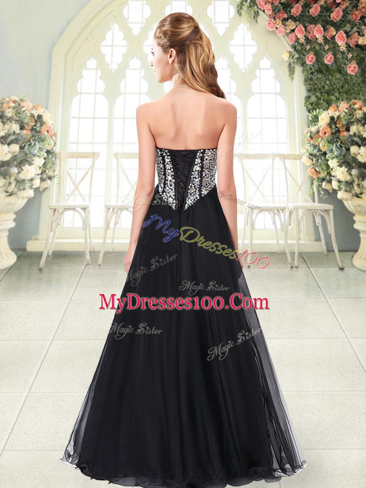 Latest Tulle Sweetheart Sleeveless Lace Up Beading Prom Dresses in Blue