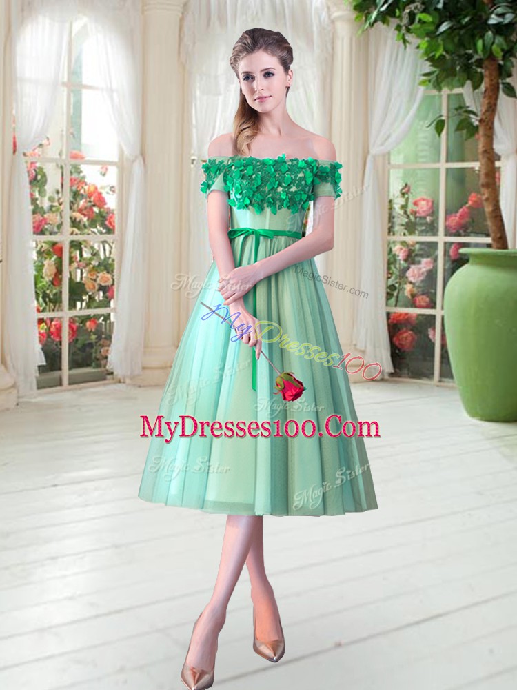 Turquoise A-line Tulle Off The Shoulder Sleeveless Appliques Tea Length Lace Up Homecoming Dress