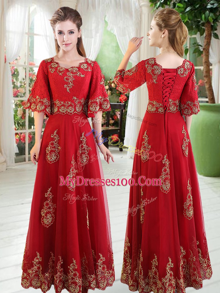 Fabulous Red A-line Scoop Half Sleeves Tulle Floor Length Lace Up Lace Prom Dress