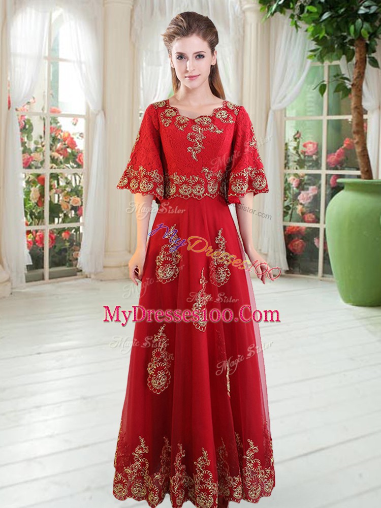 Fabulous Red A-line Scoop Half Sleeves Tulle Floor Length Lace Up Lace Prom Dress