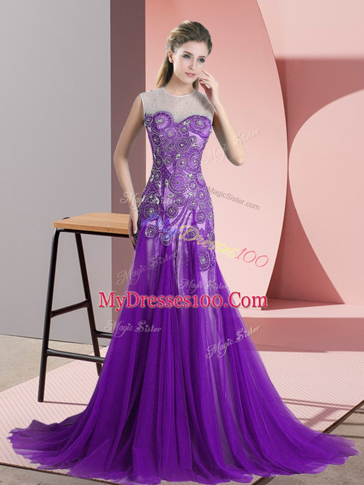 Purple Scoop Neckline Appliques Formal Evening Gowns Sleeveless Backless